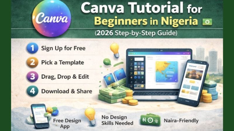 “Canva Tutorial for Beginners in Nigeria (2026 Step-by-Step Guide)” showing a laptop and smartphone with Canva interfaces. Steps include: 1) Sign up for free, 2) Pick a template, 3) Drag, drop, and edit, 4) Download and share. Highlights features like “Free Design App,” “No Design Skills Needed,” and “Naira-Friendly,” with Nigerian flag and visual elements of money and devices."