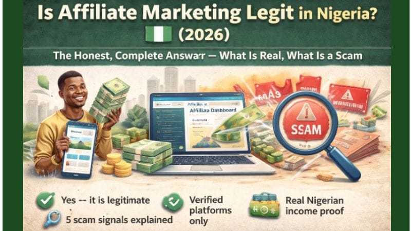 Infographic titled “Is Affiliate Marketing Legit in Nigeria? (2026)” showing a smiling Nigerian man holding a smartphone with an affiliate dashboard, stacks of Naira notes, a laptop, and icons representing scam alerts. Highlights: “Yes — it is legitimate,” “5 scam signals explained,” “Verified platforms only,” and “Real Nigerian income proof,” with Nigerian flag and visual elements emphasizing legitimacy and caution.