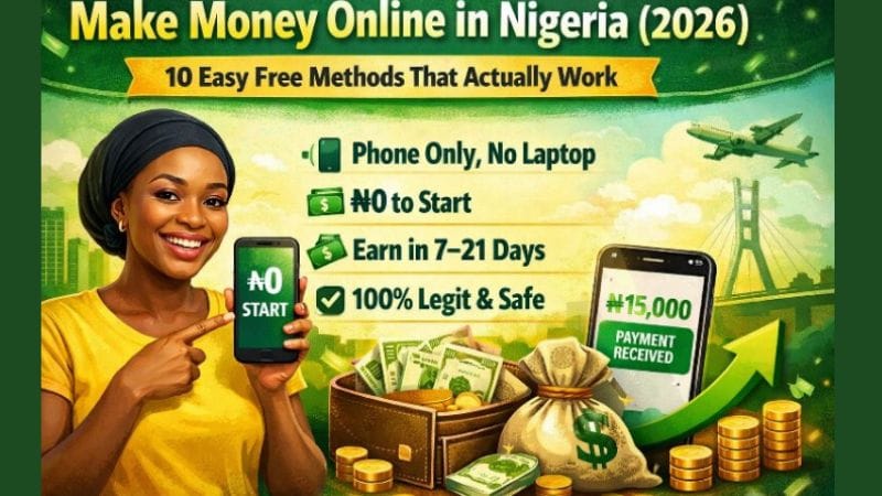 Young Nigerian woman earning money online with smartphone, ₦0 start, no laptop, legit ways to make money in Nigeria 2026