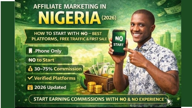 Nigerian man earning money with affiliate marketing using smartphone, ₦0 start, no experience, free traffic methods 2026