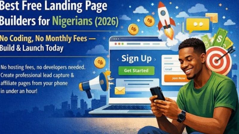 Young Nigerian man smiling while using a smartphone beside a laptop displaying a landing page signup form, with bold text promoting “Best Free Landing Page Builders for Nigerians (2026)” and highlights like no coding and no monthly fees.