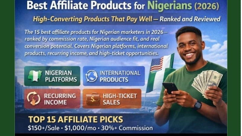 Nigerian affiliate marketer holding cash and phone promoting high-converting affiliate products for Nigerians in 2026 including local and international offers