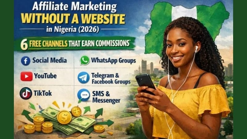 Smiling Nigerian woman using a smartphone with infographic showing six free affiliate marketing channels without a website, including social media, WhatsApp, YouTube, TikTok, Telegram, and messaging apps.