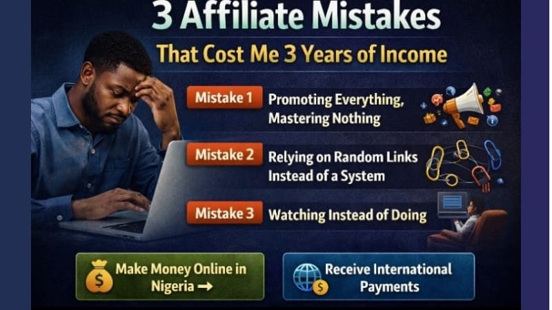 Infographic showing 3 affiliate marketing mistakes that cost years of income: promoting everything, relying on random links instead of a system, and watching instead of taking action.