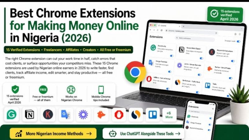 Laptop showing Chrome extensions dashboard with productivity tools