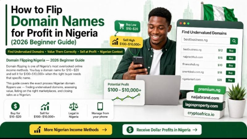 Man using phone with domain marketplace and profit illustration