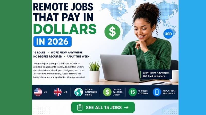 A promotional banner titled “First Remote Job in Nigeria Without Experience (2026 Step-by-Step)” showing a young Nigerian man working on a laptop with headphones, surrounded by icons of money, Wi-Fi, and tasks. The design highlights key points: ₦0 to start, no experience required, dollar income potential, and getting a first job in 30–90 days, with buttons labeled “Start Freelancing Free” and “Learn a Skill in 30 Days.”