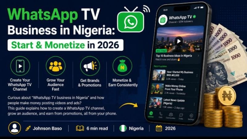 Illustration showing how to make money with Google Docs in Nigeria (2026), featuring a smartphone, document icons, and highlights of 7 income streams like writing, templates, and freelancing.