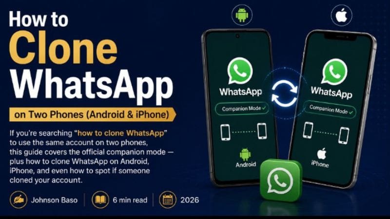 Two smartphones connected with WhatsApp Companion Mode, showing how to use one WhatsApp account on Android and iPhone devices.