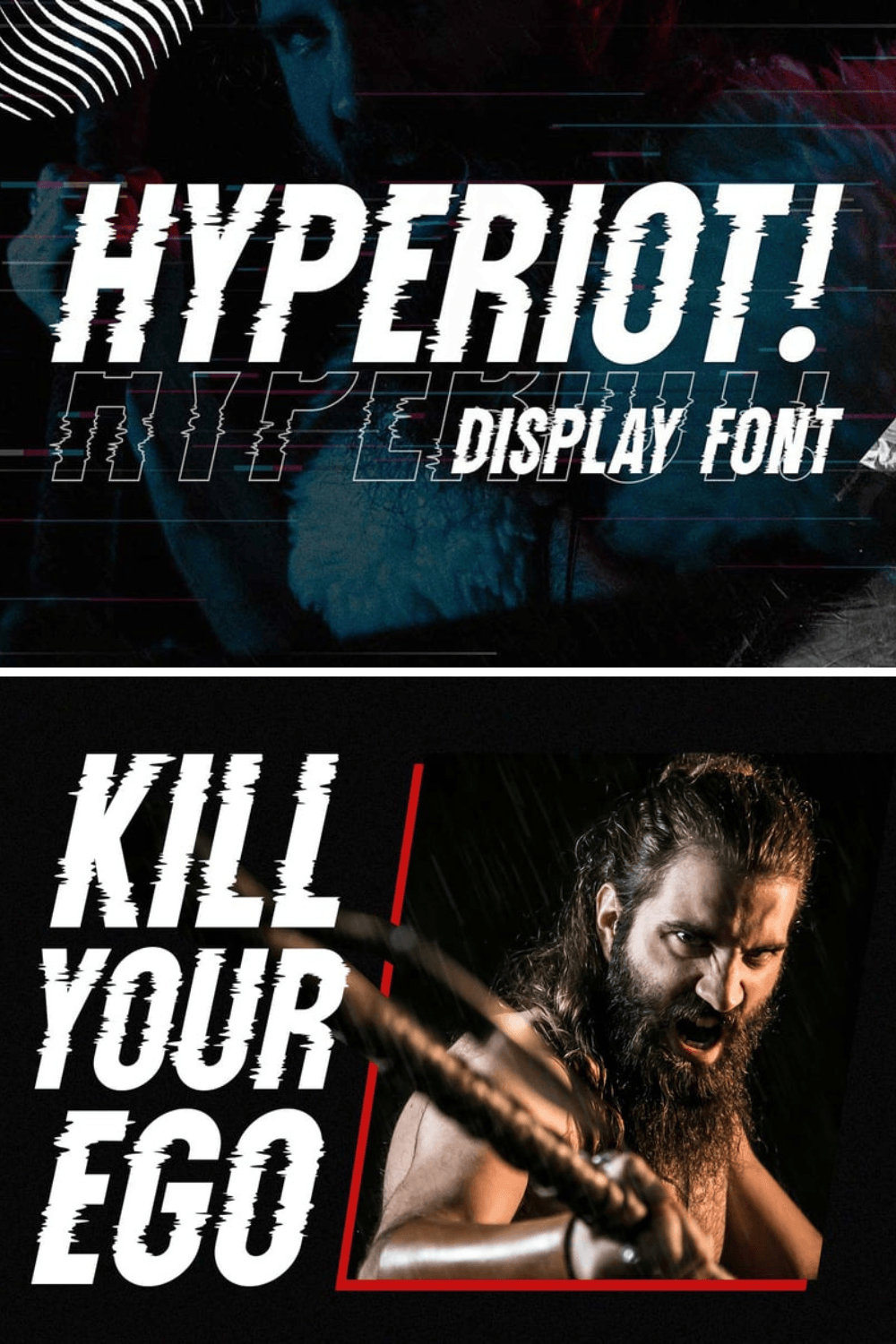 Examples of the "HYPERIOT" glitch font in action, showcasing its distorted style for the words "HYPERIOT!" and the phrase "KILL YOUR EGO."