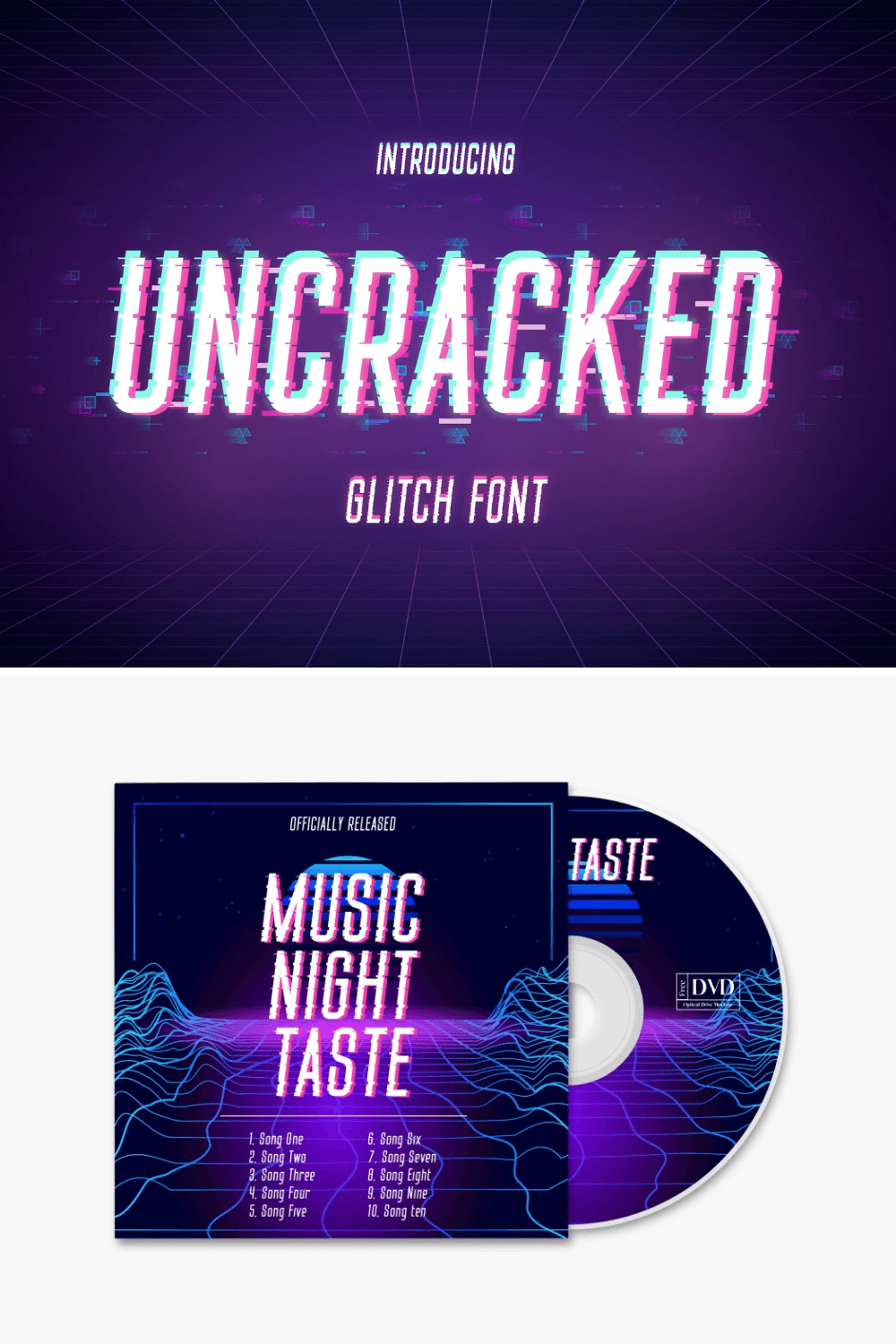 Examples of the "UNCRACKED" glitch font, showcasing its detailed distortion for the word "UNCRACKED" and its application on an album cover titled "MUSIC NIGHT TASTE."