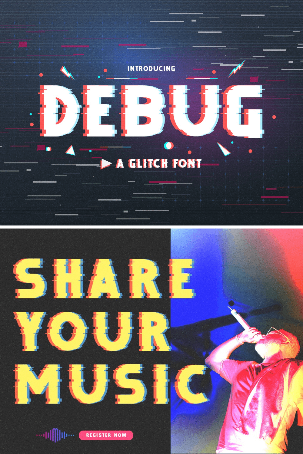 Top: The word "DEBUG" in a large, white uppercase font with red and blue shifted glitch effects against a dark background with horizontal lines and geometric shapes. Text above reads "INTRODUCING" and below reads "A GLITCH FONT." Bottom: The phrase "SHARE YOUR MUSIC" is displayed in a similar glitch font in yellow and white, next to a person singing into a microphone under colorful lighting.