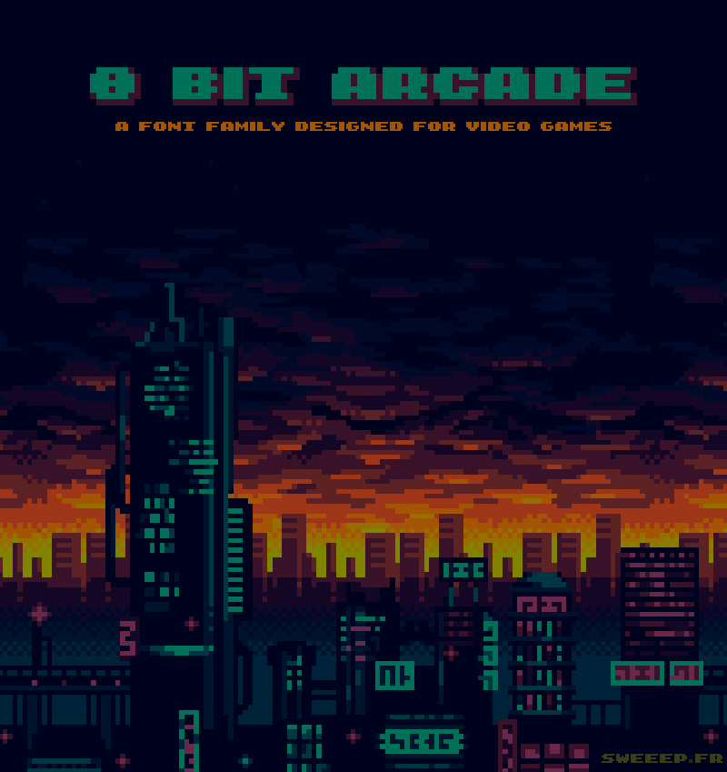 8-bit Arcade pixel font displayed over a retro pixel art cityscape.