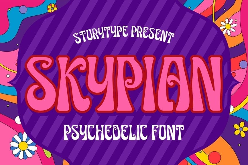 California surfers poster featuring vibrant colors and "Arabela Display" font for a psychedelic feel.