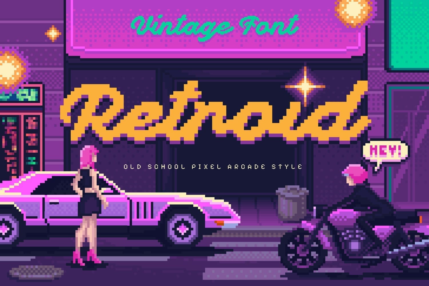 "Retroid" in a stylized, pixelated script font against a vibrant, retro street scene with a sports car and motorcycle.