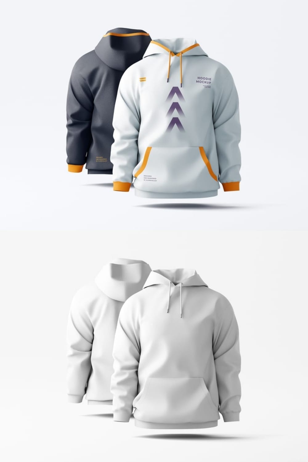 Versatile pullover hoodie mockup for graphic designers. The image compares a blank white hoodie template (bottom) with a finished example (top) featuring a customized light grey hoodie with purple graphics and orange details on the cuffs and hood.
