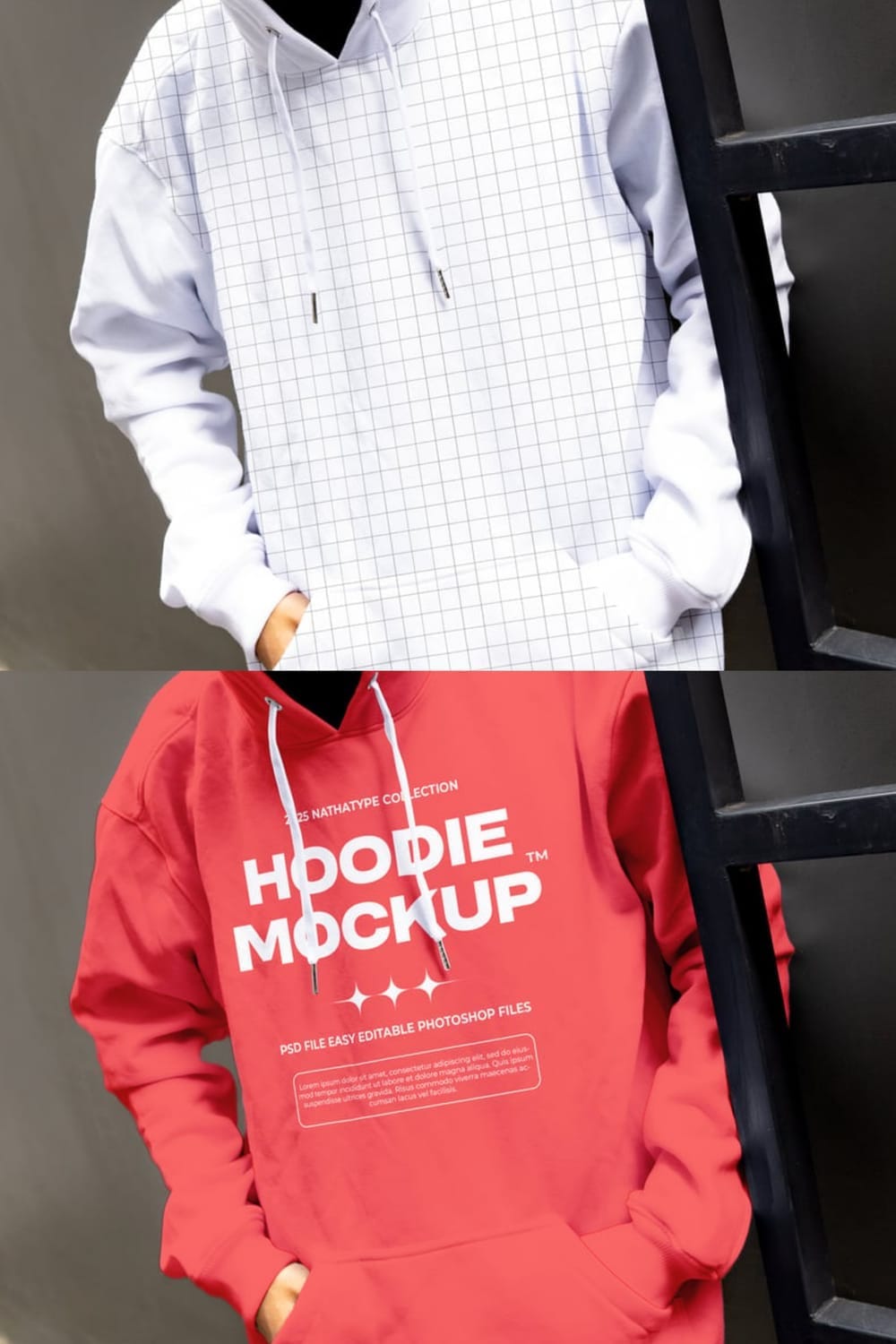A front-view hoodie mockup featuring a model in two styles. The top image shows a white hoodie with a grey grid pattern, and the bottom image shows a red hoodie with the text 'Hoodie Mockup' to display the template.