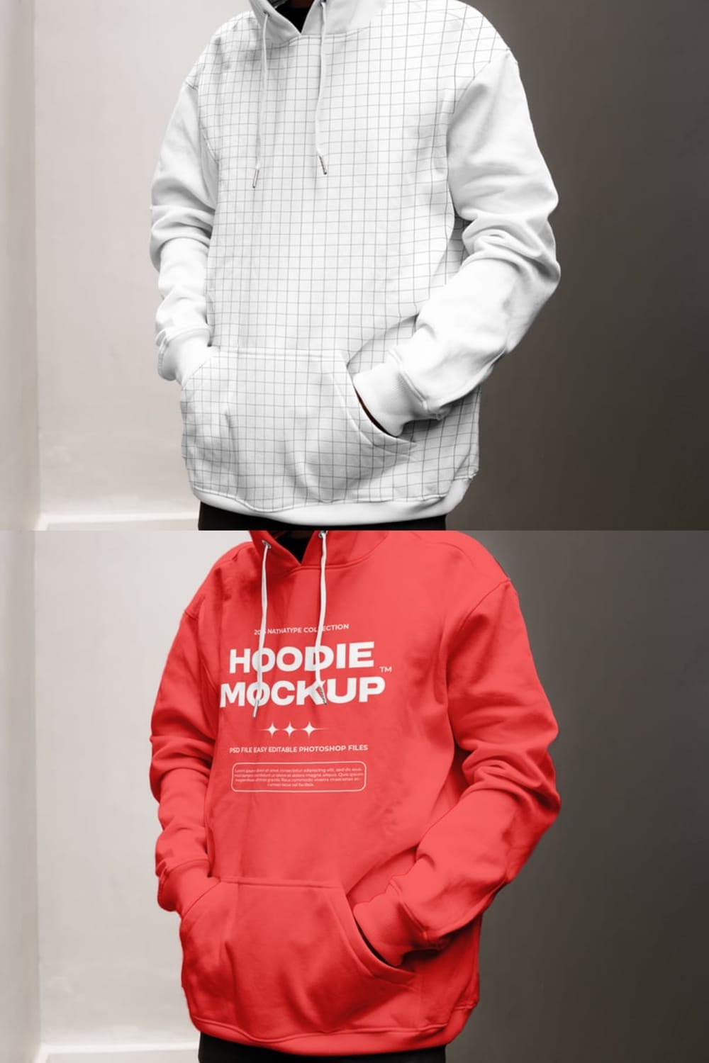 A front-view mockup of a person wearing a pullover hoodie. The image is split to show the template's features: the top shows a white hoodie with a design grid, while the bottom shows the same mockup as a red hoodie with sample text.
