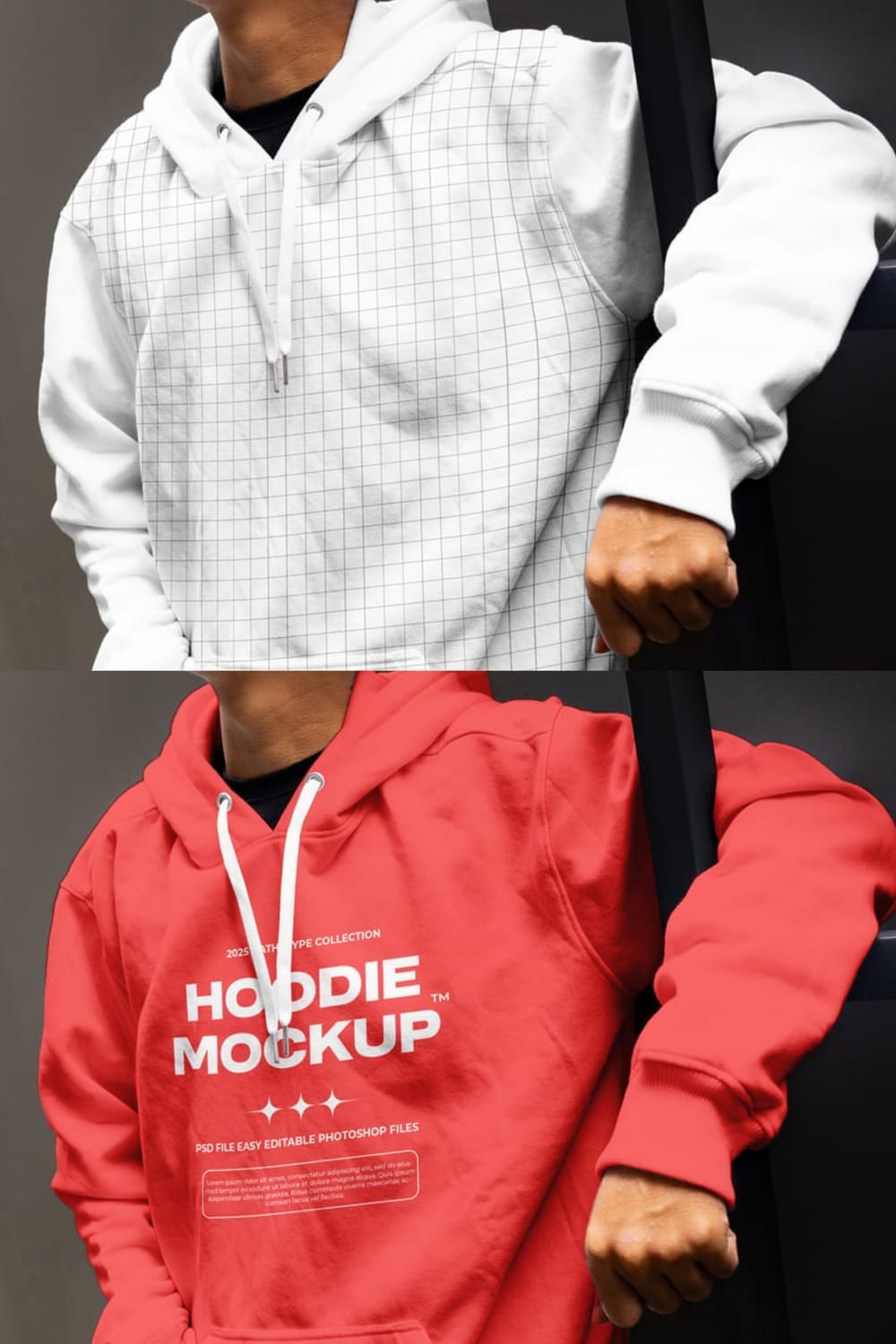 A two-panel image showing a man wearing two different hoodies. The top panel shows a white hoodie with a faint grid pattern, while the bottom panel shows a solid red hoodie with the text "HOODIE MOCKUP" and "PSD FILE EASY EDITABLE PHOTOSHOP FILES" printed on it. The image is a product mockup for a customizable hoodie design template.