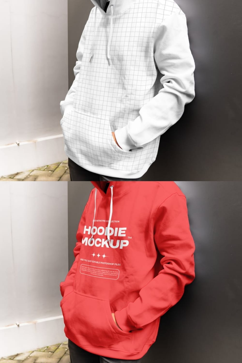 A two-panel image showing a person standing and modeling two different hoodies. The top panel shows a white hoodie with a faint grid pattern, while the bottom panel shows a solid red hoodie with the text "HOODIE MOCKUP" and "PSD FILE EASY EDITABLE PHOTOSHOP FILES" printed on it. The person has their hands in the front pocket of both hoodies. The image is a product mockup for a customizable hoodie design template.