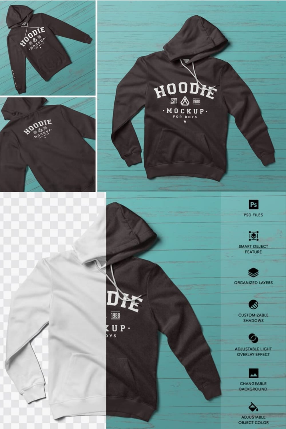 A multi-panel image displaying a hoodie mockup for boys. The top left panels show two different angled views of a dark grey hoodie with white text. The top right panel is a larger, straight-on view of the same hoodie. The bottom left panel shows a split view, with one half of the hoodie in dark grey and the other half in a light color, demonstrating the customizable aspect of the design. The bottom right panel lists features of the mockup, including "PSD Files," "Smart Object Feature," "Organized Layers," "Customizable Shadows," "Adjustable Light Overlay Effect," "Changeable Background," and "Adjustable Object Color.