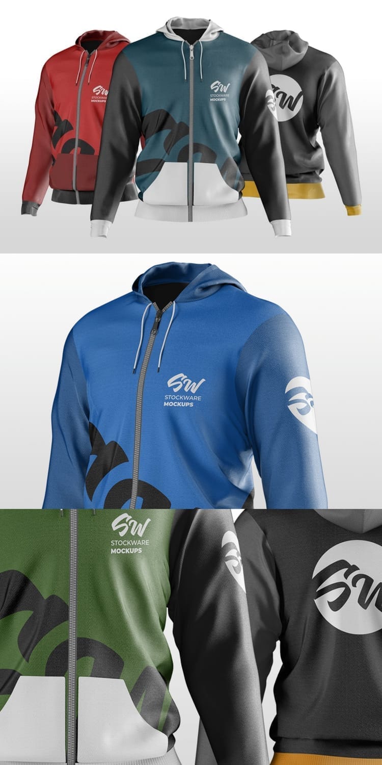 A three-panel image showcasing a zipped hoodie mockup with a custom logo design. The top panel shows three different color variations of the hoodie on invisible mannequins: a red and grey one, a teal and dark grey one, and a grey and yellow one. The middle panel is a close-up of a blue hoodie with a black and white design and a "SW" logo. The bottom panel shows a close-up of a green hoodie and a dark grey hoodie, highlighting the design details on the front and sleeves.
