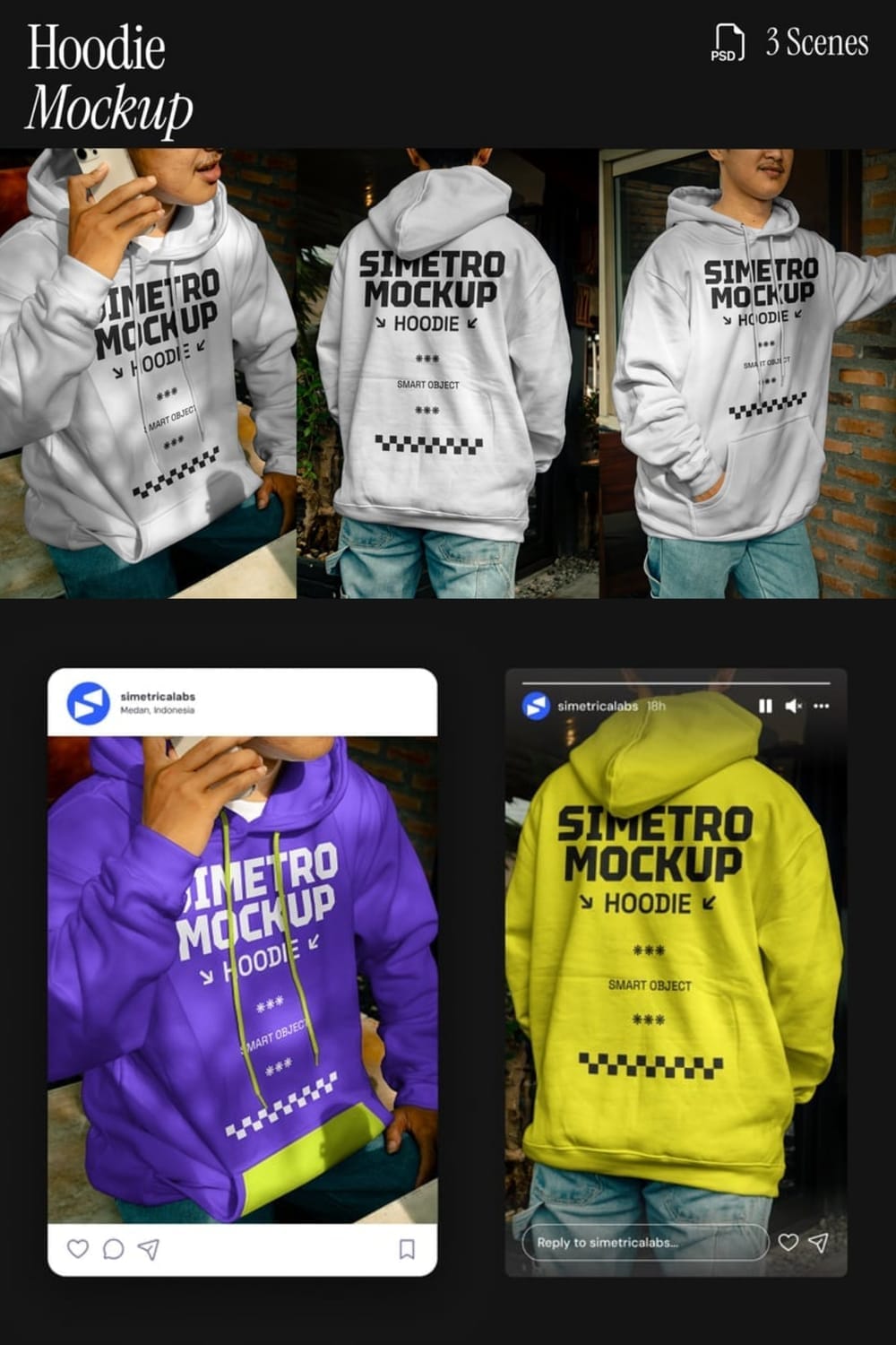 A two-panel image showing a hoodie mockup for a brand called "SIMETRO MOCKUP." The top panel displays three different scenes of a person wearing a white hoodie with a black logo, seen from the front, back, and side. The bottom panel shows two images in the style of Instagram posts. The left post shows a person wearing a purple hoodie, and the right post shows the back of a person wearing a yellow hoodie, both featuring the same "SIMETRO MOCKUP" design.