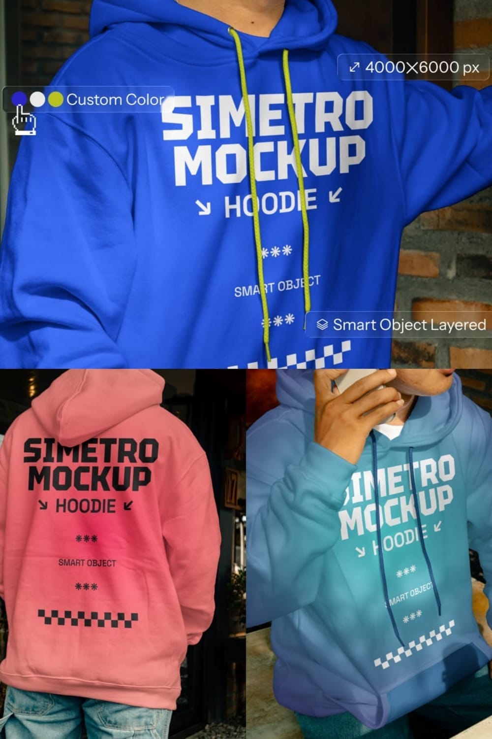 A two-panel image showcasing a hoodie mockup for "SIMETRO MOCKUP." The top panel is a close-up of a person wearing a bright blue hoodie with white text, highlighting features like "Custom Color" and "Smart Object Layered." The bottom panel is divided into two sections. The left side shows the back of a person wearing a pink hoodie with black text. The right side shows a person wearing a blue gradient hoodie, with the text blurred due to motion. All mockups feature the "SIMETRO MOCKUP" logo and text.