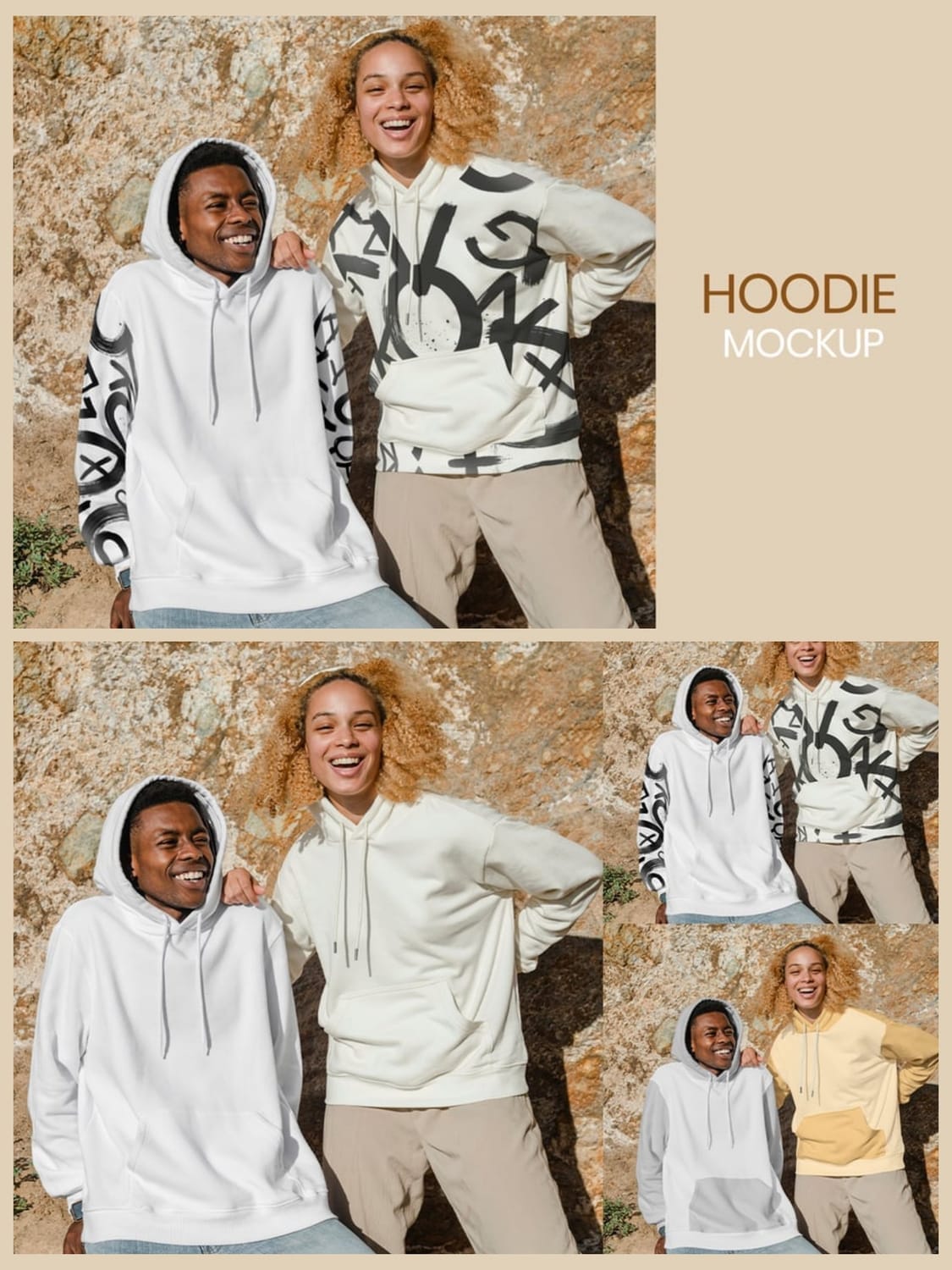 A two-panel image showing two models, a man and a woman, wearing different hoodie designs. The top panel shows the man in a white hoodie with a black tribal or abstract design on the sleeve, and the woman in an off-white hoodie with a black, abstract graffiti-style pattern. The bottom panel shows the same two models, but the man's hoodie is a solid white and the woman's is a solid off-white. The bottom right of the panel contains two smaller images: one shows the man in a solid white hoodie and the woman in a solid pale yellow hoodie, while the other shows the man in a solid light gray hoodie and the woman in a solid pale yellow hoodie. The image is a versatile hoodie mockup featuring different designs and color options.
