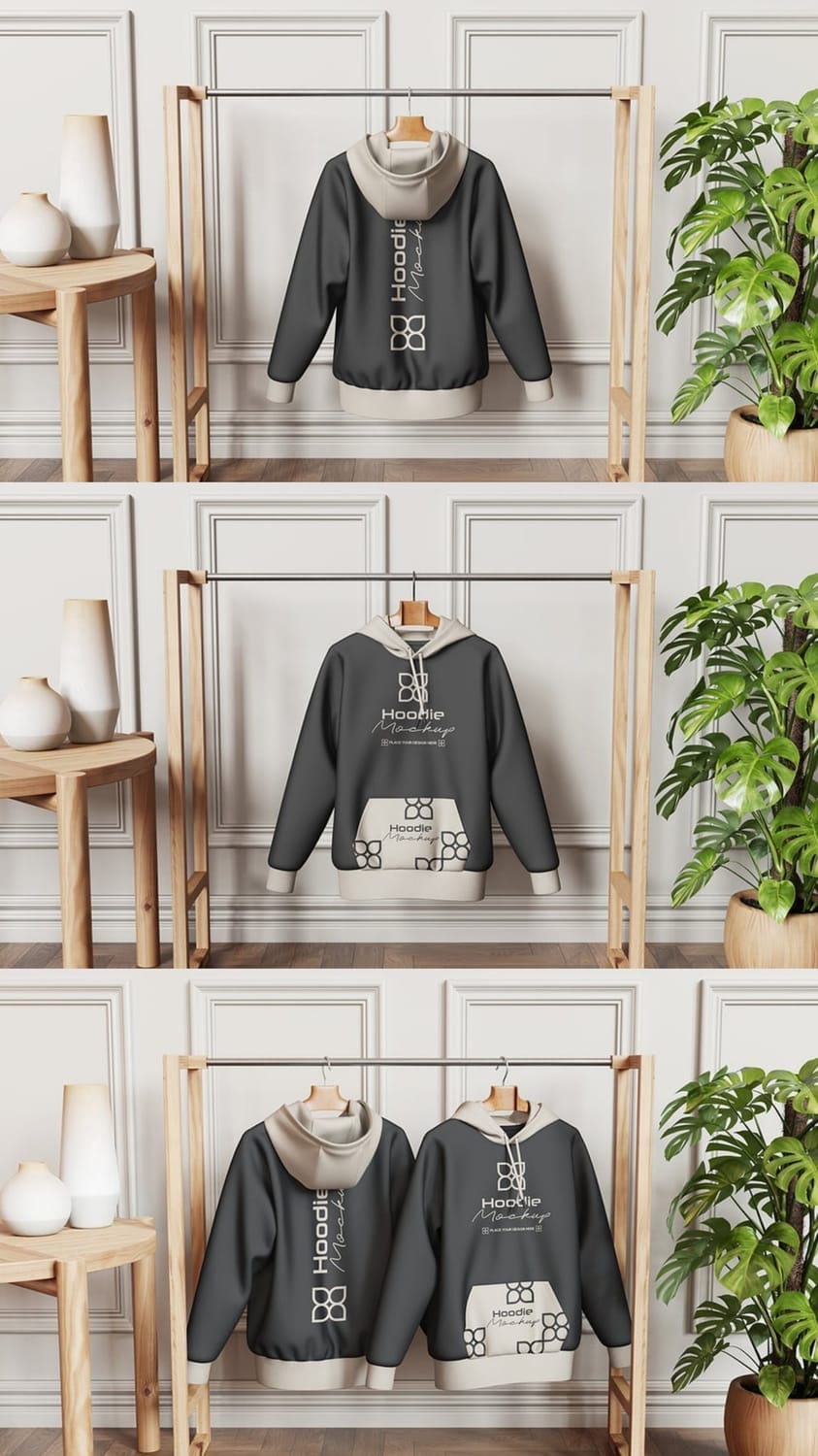 A three-panel image displaying a dark grey hoodie mockup on a wooden hanger, set against a white paneled wall with wooden furniture and a potted plant. The top panel shows the hoodie from the back, featuring a small white logo and text. The middle panel shows the front of the hoodie, highlighting a larger white logo and the light-colored hood lining and cuffs. The bottom panel shows two hoodies, one displaying the front and the other the back, hanging side-by-side on the rack.