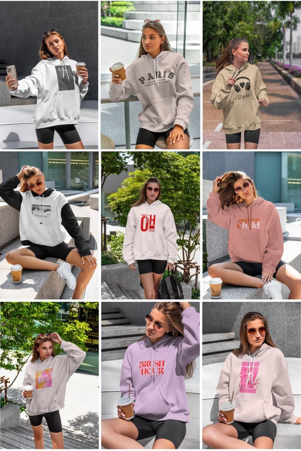 A nine-panel grid of a female model wearing various hoodie mockups. The images show her in different poses, holding a phone or a coffee cup. The hoodies are a mix of colors and designs, including a white hoodie with a black logo, a grey hoodie with "PARIS" text, a tan hoodie with headphones and "MUSIC" text, a two-tone black and white hoodie, a white hoodie with "OH" in red, a dusty rose hoodie with a logo, a pale yellow hoodie with a neon pink text box, a lavender hoodie with "BRUSH HOUR" in purple text, and a pale pink hoodie with a neon pink text and graphic.