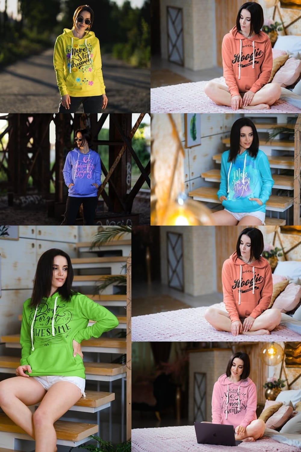 A multi-panel grid showcasing a female model in various lifestyle settings, wearing different colored hoodies with text-based designs. The top left shows her in a yellow hoodie outdoors. The middle left shows her in a blue-lavender hoodie outdoors. The bottom left shows her in a neon green hoodie on a staircase. The three images on the right show her indoors, on a bed or a staircase, wearing an orange, a light blue, and a pale pink hoodie, respectively. The hoodies all feature different typographic designs.