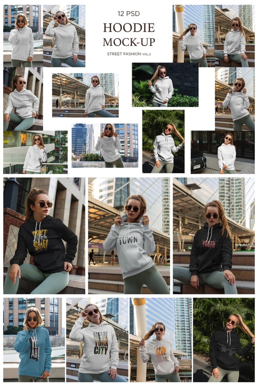 A multi-panel grid showcasing a female model in a street fashion setting, wearing various hoodie mockups. The top section is a collage of the model wearing a solid white hoodie in different poses and locations, with the text "HOODIE MOCK-UP STREET FASHION VOL.2" and "12 PSD" displayed. The middle row features a dark grey hoodie with a "Don't Be Shy!" design, a light grey hoodie with a "TOWN" design, and a black hoodie with a "YOUTH" design. The bottom row shows a blue hoodie with a "YEAH!" design, a light grey hoodie with a "NEW YORK CITY" design, an off-white hoodie with an abstract graphic, and a black hoodie with a small logo.