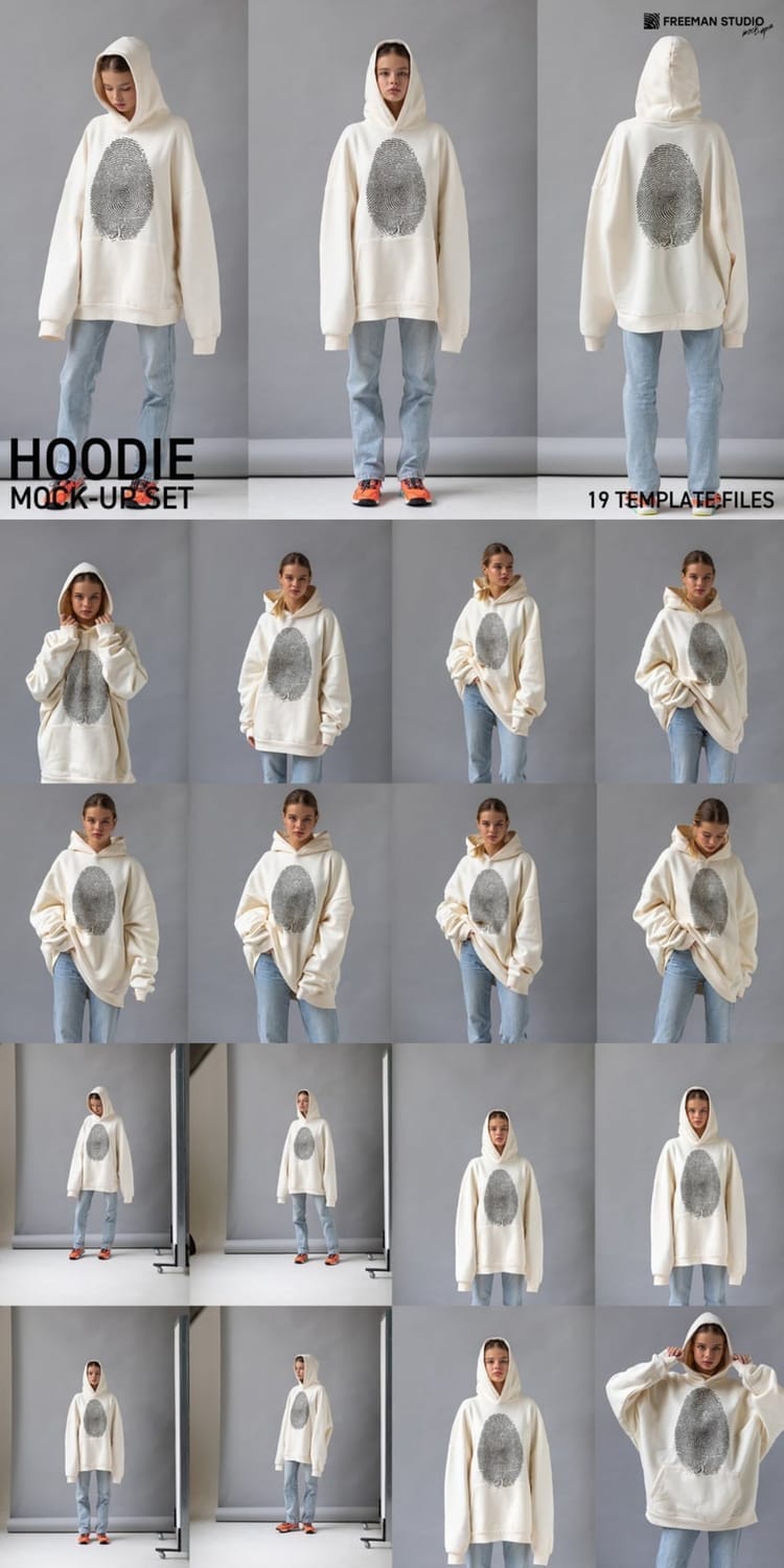 A multi-panel grid showcasing a person wearing a large, off-white oversized hoodie with a prominent black fingerprint graphic on the front. The person is also wearing light blue jeans. The images show a variety of full-body shots and close-ups, with different poses and angles, highlighting the hoodie from the front, side, and back. The text "HOODIE MOCK-UP SET" and "19 TEMPLATE FILES" is visible, indicating that this is a product for a design template.