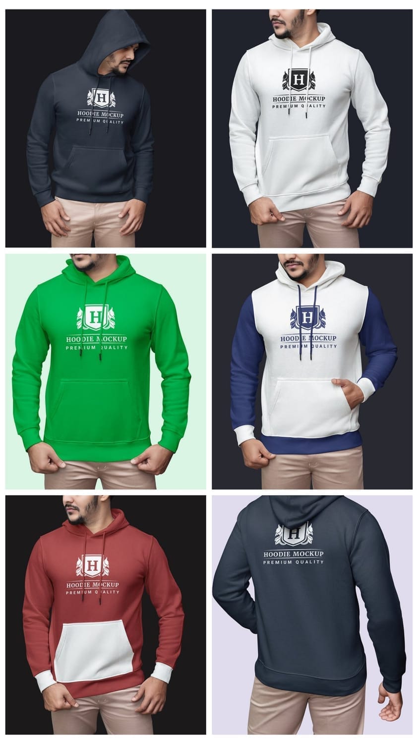 A multi-panel grid showcasing a person wearing a large, off-white oversized hoodie with a prominent black fingerprint graphic on the front. The person is also wearing light blue jeans. The images show a variety of full-body shots and close-ups, with different poses and angles, highlighting the hoodie from the front, side, and back. The text "HOODIE MOCK-UP SET" and "19 TEMPLATE FILES" is visible, indicating that this is a product for a design template.