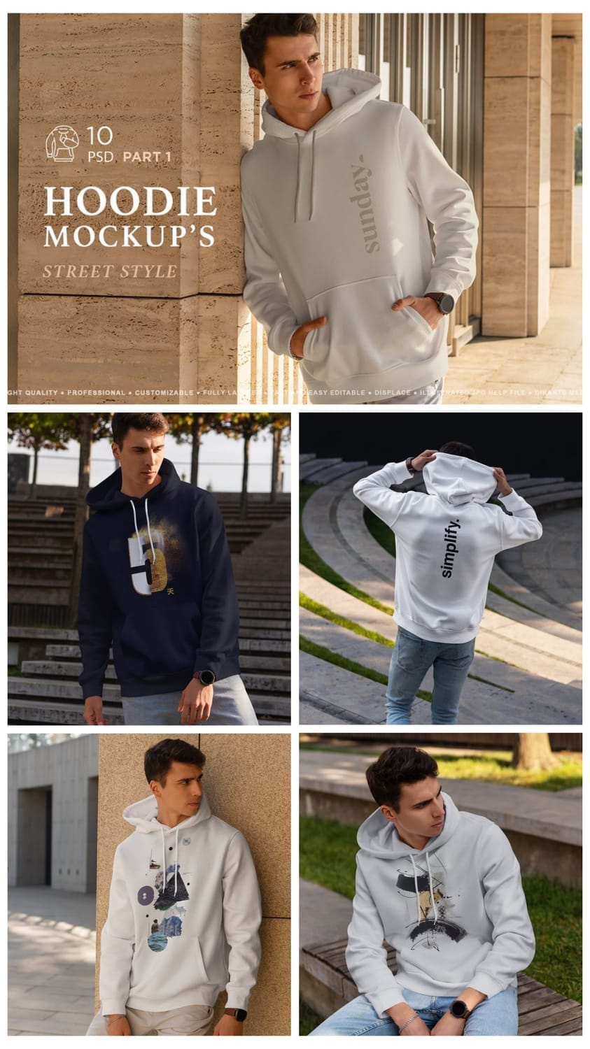 A multi-panel grid showcasing a male model wearing different hoodie mockups in a street-style setting. The top panel shows a man in a white hoodie with "sunday." printed vertically on the side. The middle row features two images: one of a man in a dark blue hoodie with a unique graphic design, and another of a man in a white hoodie with "simplify." printed vertically on the side, with his hood up. The bottom row shows two images of a man in a white hoodie with an artistic or technical graphic design on the front, in different poses. The top left of the image has text that says "HOODIE MOCKUP'S STREET STYLE 10 PSD PART 1."
