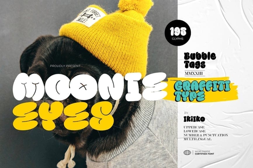 "Moonie Eyes: Playful Graffiti Bubble Font" - Font example showcasing Moonie Eyes.