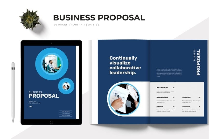 A close-up shot of a modern business proposal template shown on a tablet and as a printed booklet. The cover features a clean, professional design with a bold title, "BUSINESS PROPOSAL," and a deep blue color scheme with circular design elements and inset photos. The open booklet shows a two-page spread with a clear table of contents on one side and a large heading and body text on the other.
