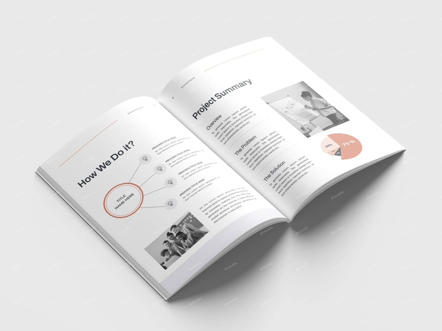 A high-angle shot of a minimalist business proposal booklet, open to two pages. The left page features a diagram with a central circle labeled "TITLE NAME HERE," from which four lines extend to smaller circles with placeholder text. The right page shows a "Project Summary" section with clear headings like "Overview," "The Problem," and "The Solution." A small pie chart and a few images are also visible on the pages.