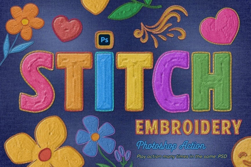 A series of five images showing a digital logo and a font with a red, yellow, and white color palette transformed into a realistic embroidery effect on a black fabric background. The top two images display the logo "STITCH" with a playful thread design, first as flat digital art and then as a three-dimensional embroidered patch with visible stitching and shadows. The bottom three images show the words "EMBROIDERY ACTION" in a stylized, bold font, transitioning from a flat design to a final embroidered look with a detailed satin stitch and a textured fabric background.