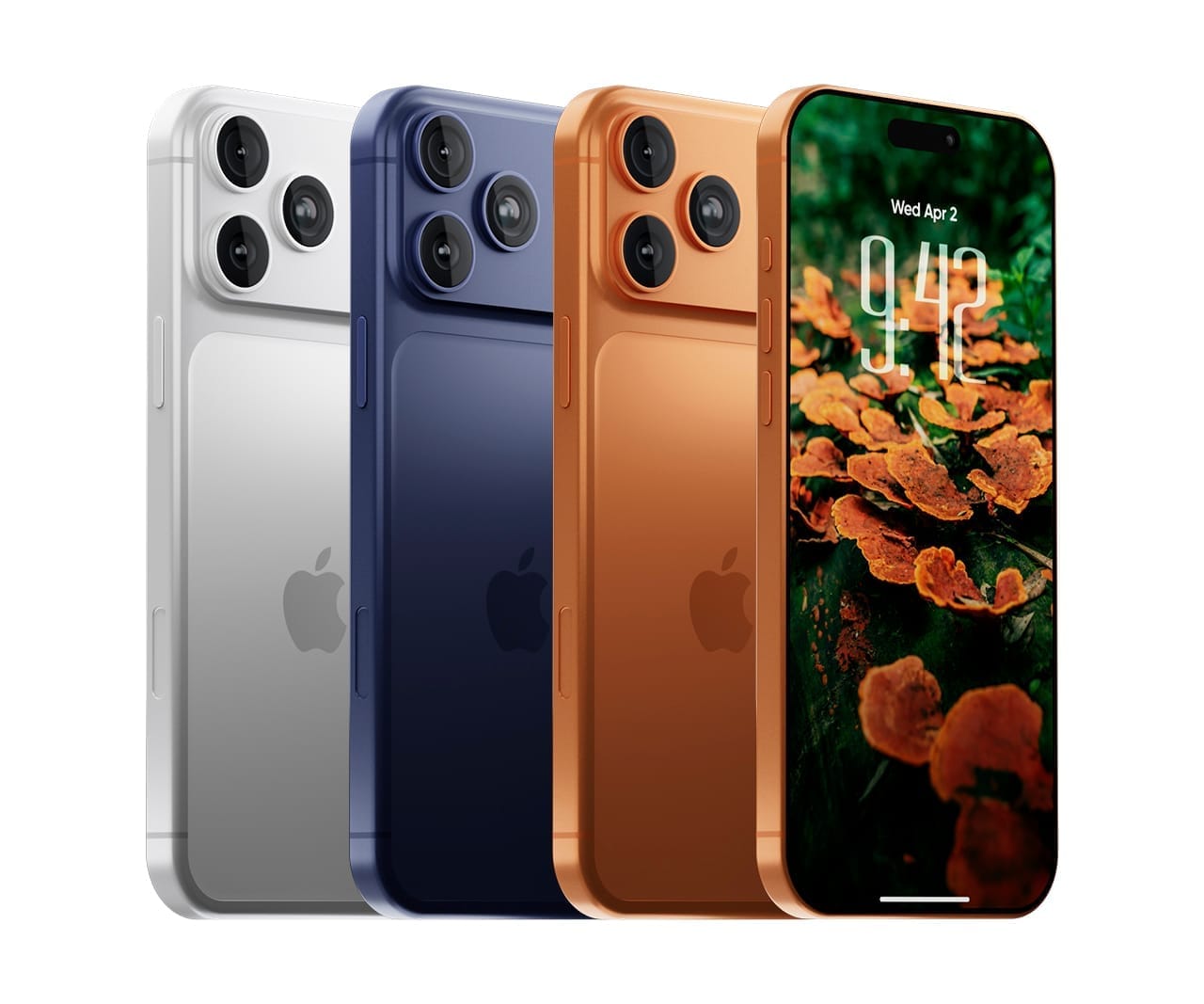 A product shot of three 3D rendered iPhone 17 Pro Max models. From left to right, the phones are white, blue, and copper. The copper phone in the foreground has its screen visible, displaying a wallpaper of orange fungi.