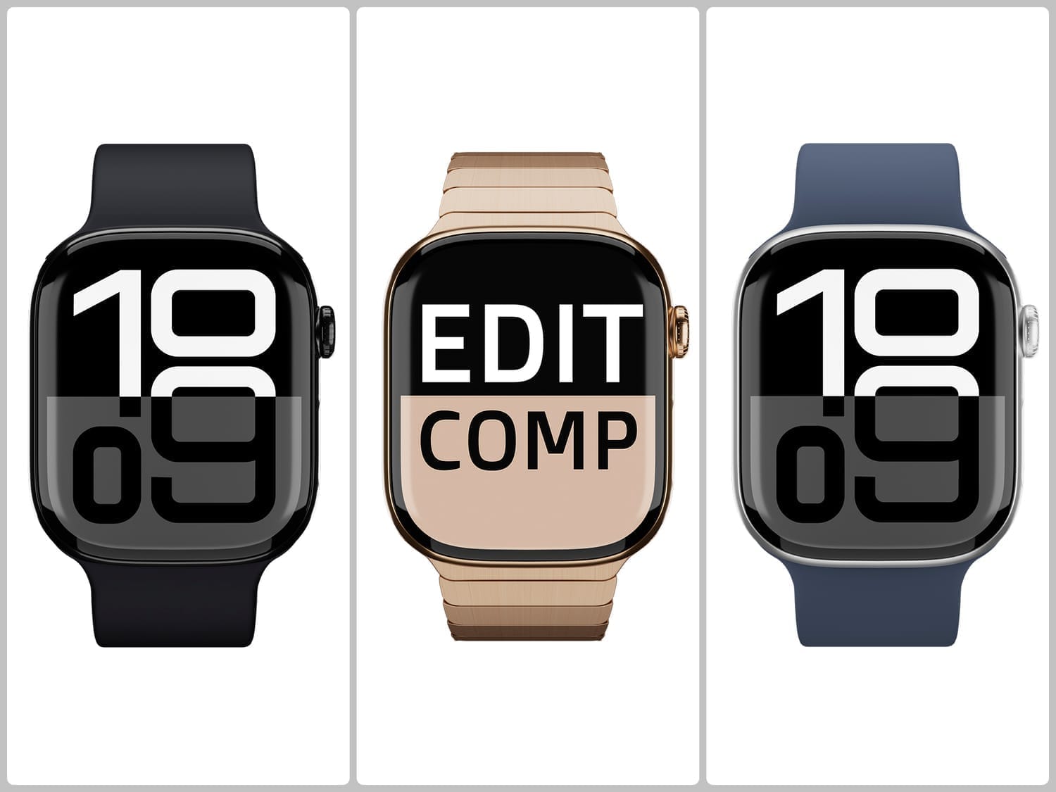 Three 3D renders of an Apple Watch Series 10 displayed in a grid. From left to right: a black case with a dark blue band, a gold case with a metallic band and the words "EDIT COMP" on the screen, and a silver case with a dark blue band.