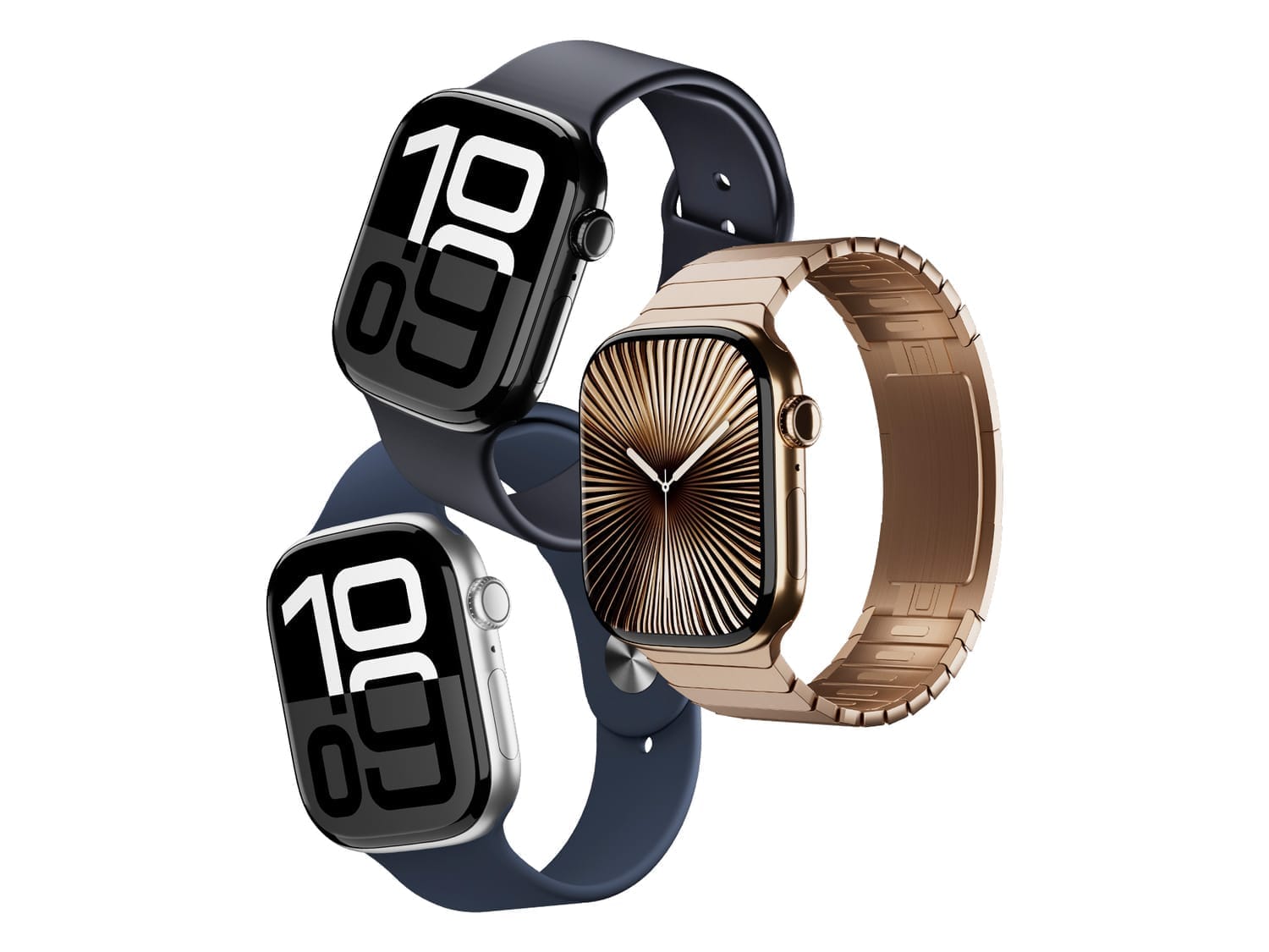 A product shot of three 3D rendered Apple Watch Series 10 models with different bands. The top-left watch has a black case and a dark blue band, the bottom-left has a silver case with a dark blue band, and the center watch has a gold case with a metallic link bracelet.