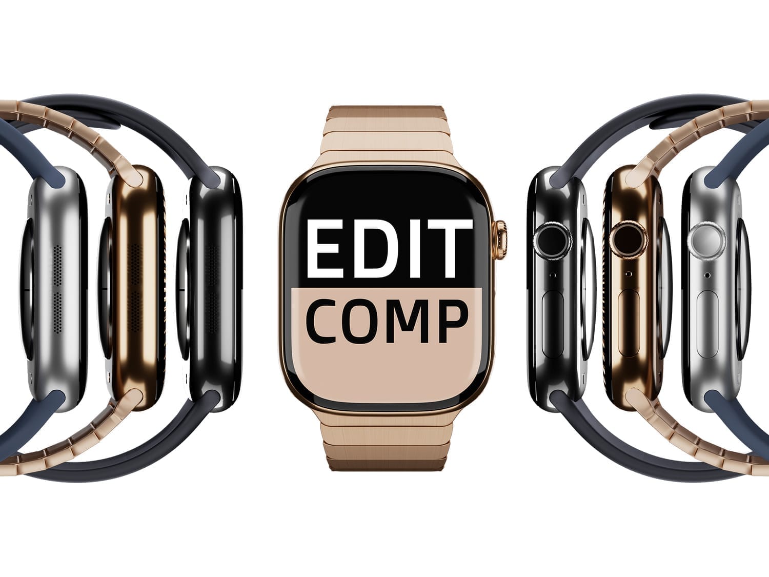 A symmetrical 3D render showing multiple Apple Watch Series 10 models arranged side-by-side. The center watch has a gold case and metallic band with the words "EDIT COMP" on its screen, flanked on both sides by two watches in silver and black cases with dark blue bands.