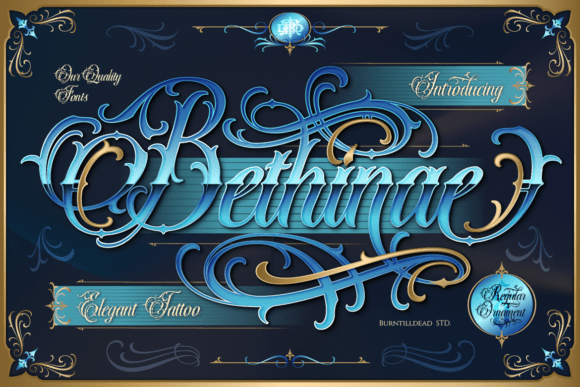 Elegant cursive tattoo font sample titled “Bethinae” featuring ornate swashes and decorative lettering style for tattoo design inspiration..