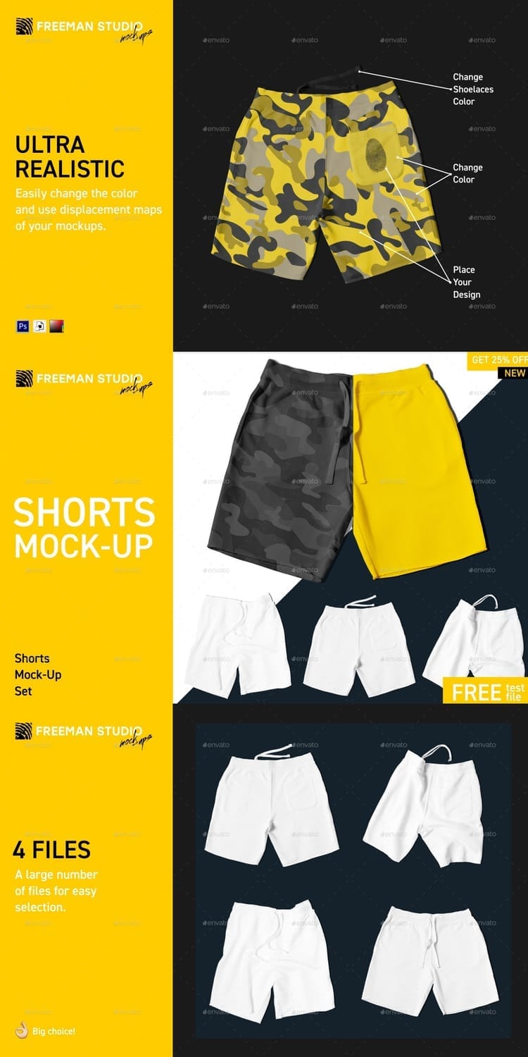 Promotional image for an ultra-realistic shorts mockup set featuring 4 PSD files, displacement maps for texture, editable shoelaces, and custom color layers for streetwear or athletic design presentation.