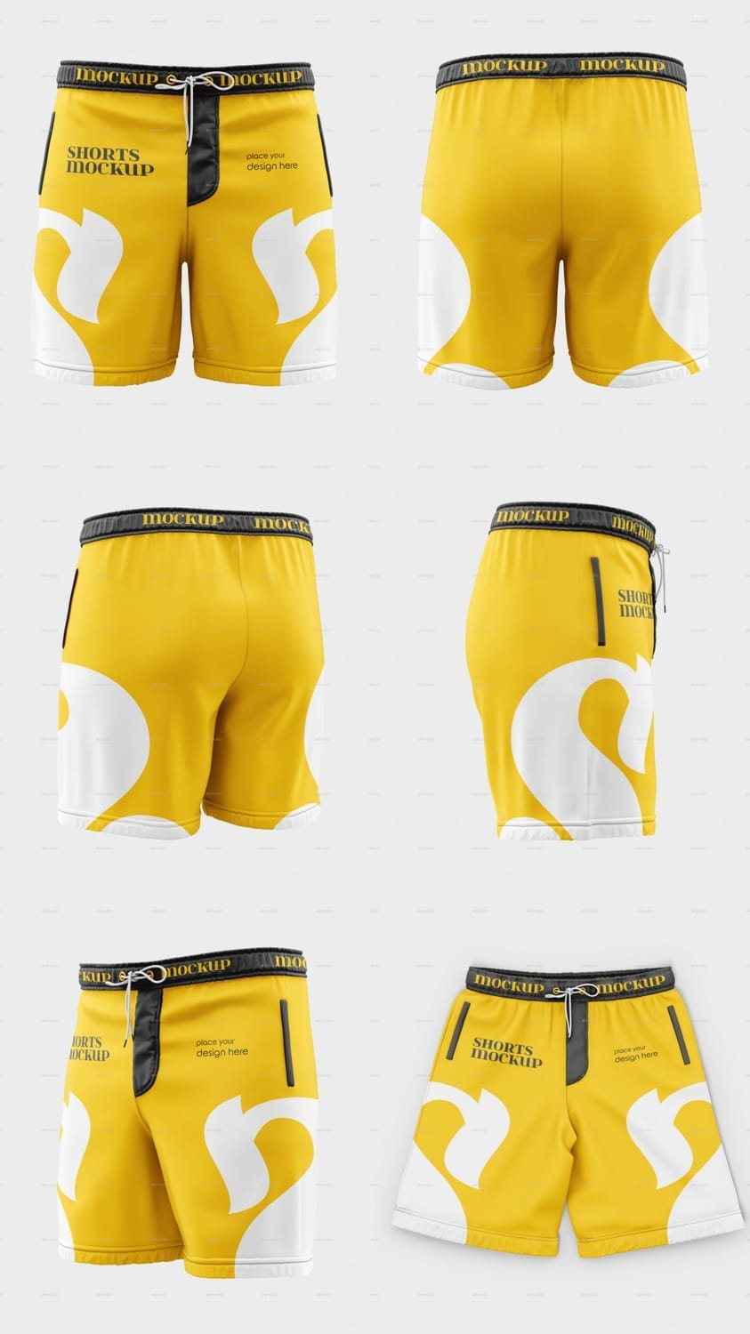 Six views of the swimming and sport short pant mockup set, featuring front, back, side, and angled perspectives, with editable waistband, drawstrings, and custom design placement areas.