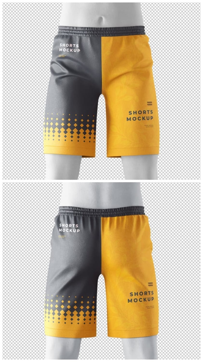 Close-up view of a yellow swim shorts mockup with a white tropical leaf pattern, showcasing high-resolution texture, elastic waistband, and blue drawstring detail.