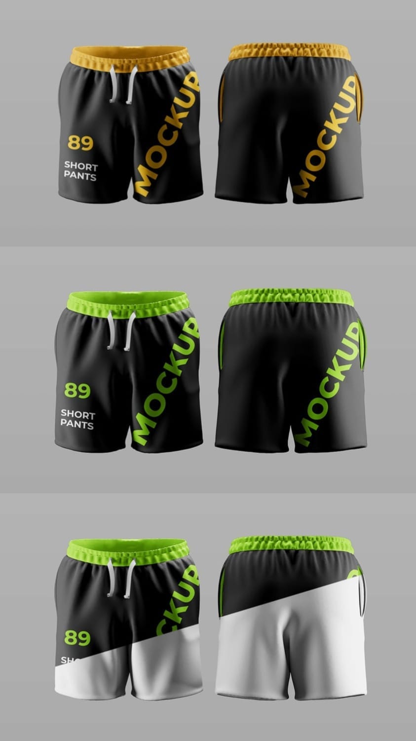 Side view of a yellow and white swim short mockup on a mannequin, highlighting the contrast trim, black waistband, and side pocket placement for logo or design display.