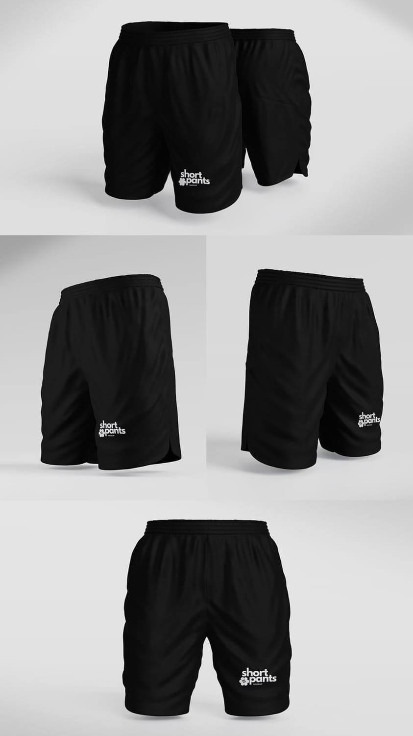 Four perspective views of a black athletic short pant mockup, showcasing front, side, and three-quarter angles with split hem detail and a small white logo for clear branding presentation.
